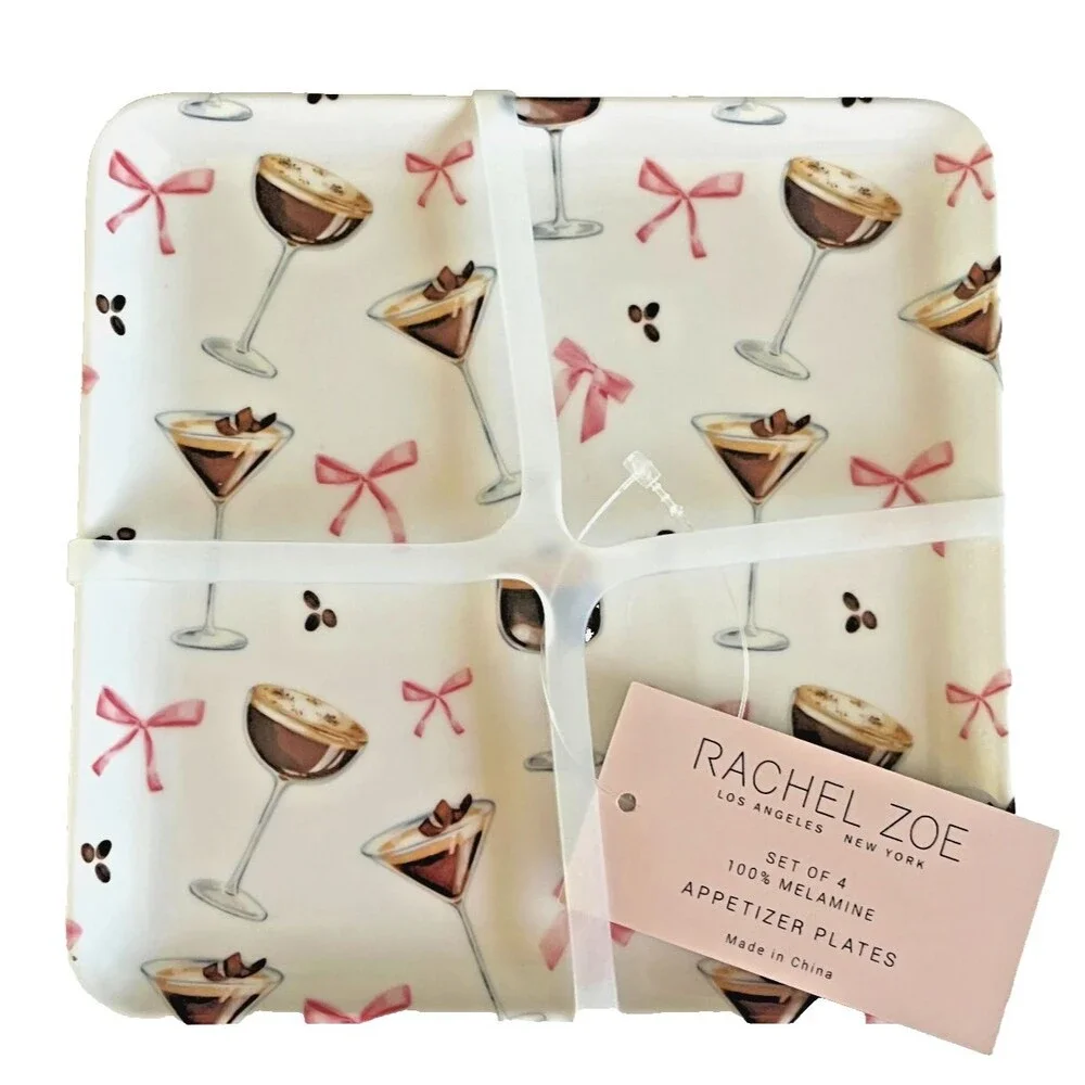 Rachel Zoe Melamine Plates Set Of 4 Chocolate Martini Pink Bow Coquette 6x6